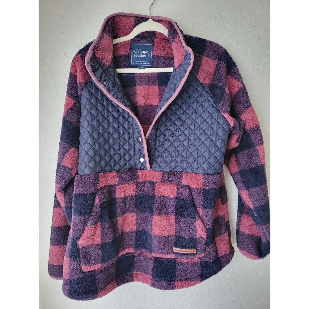Simply Southern Women's Large Buffalo Plaid Sherpa Pullover Quilted Snap Fleece - Picture 3 of 9